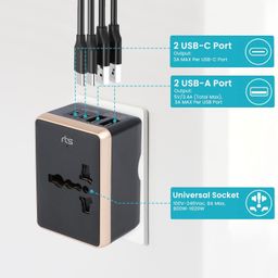 rts Universal Travel Adapter Charger Plug with Type C, International All in One Travel Adapter, Universal Travel Essentials with 2 USB, 2 USB-C 3.4A Universal Adaptor, International Travel Adapter image 4