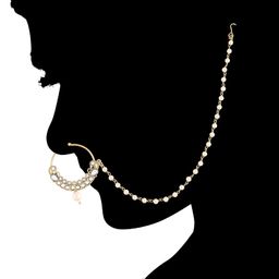 i jewels Gold Plated Traditional Ethnic Bridal Nose Ring/Nath without piercing with Pearl Chain Encased with Pearl Stone for Women/Girls (NL42W) image 3