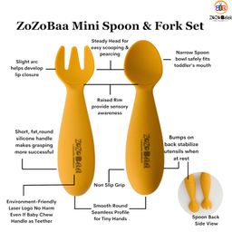 ZoZoBaa Silicone Spoon and Foork Set for Baby | 100% BPA Free First Stage Feeding Spoons for Infants, Soft-Tip Easy on Toddler's Gums, Durable & Unbreakable, Dishwasher Safe, 1 Pair, (Mango Yellow) image 2