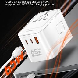 t teclusive Gan 65w Universal Travel Adapter with Type C USB | International Worldwide Travel Charger Converter Multi Socket Plug with PD QC Super Fast Charging | 2000w - White image 3
