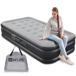 EZ INFLATE Air Mattress with Built in Pump - Twin Size Double-High Inflatable Mattress with Flocked Top - Easy Inflate, Waterproof, Portable Blow Up Bed for Camping & Travel image 1