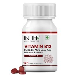 INLIFE Vitamin B12 With Alpha Lipoic Acid, Folic Acid, Inositol, B1, B5 & B6 Supplements Tablet, Supports Nerve Health, Immunity for Men & Women - 120 Tablets (Vit B12, Pack of 1) image 1