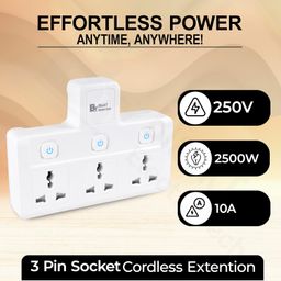 Blackt Electrotech (BTPS2) Multi Plug Socket Extension with Shelf - 2500W 10A Wall Adapter for Home, Office, Kitchen - Cordless Power Extension with LED Indicator (3 Socket Multi Plug) image 5