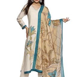 rajmandirfabrics Women's Cotton Hand Block Printed with Thread Work Straight Kurta Pant with Dupatta Set image 1
