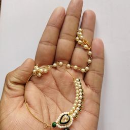 MK Gallery Rajputi Nath With Chain Gold Plated Green Pearls Nose Ring image 3