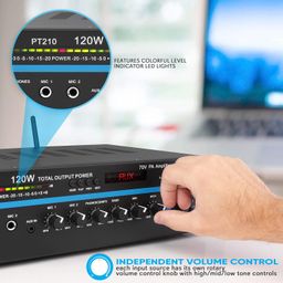 Compact Public Address Mono Amplifier - Professional 120 Watt Home Power Audio Sound PA Speaker Receiver System w/ RCA, Headphone, 2 Microphone Inputs, Independent Volume Control - Pyle PT210 image 5