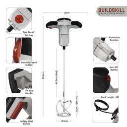BUILDSKILL 1400w concrete mixer machine | dual variable speed up to 1010RPM | 140mm chrome finish stirrer | high-performance copper motor | safe & durable mixing solution for plaster, concrete & paint image 2