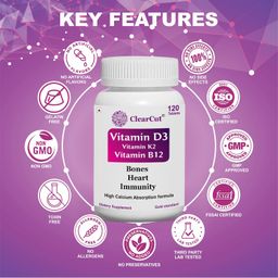 ClearCut Vitamin D3 K2 B12 Calcium tablet Joints bones Boosting Immunity supplement for men women 120 image 5