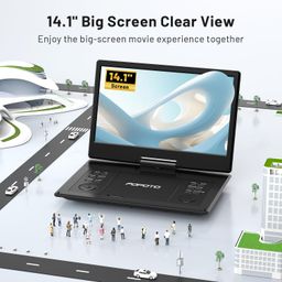 pofoto 15.7" Portable DVD Player with 14.1" HD Swivel Screen, 6 Hours Rechargeable Battery, Dual Speakers, USB/SD/TV Sync, Support Multiple image 2
