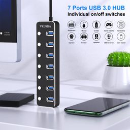 VKUSRA 7-Port USB 3.0 Hub with 4FT Long Cable, Individual ON/OFF Switches and LED Indicator, Compatible with Storage Devices and Other USB Peripherals image 2