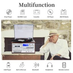 musitrend Record Player 9 in 1 3 Speed Bluetooth Vintage Turntable CD Cassette Vinyl Player AM/FM Radio USB/SD Playback Aux-in RCA Line-Out (Silver) image 2