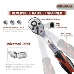 BUILDSKILL 1/4 inch socket set | 46 piece - heavy duty CR-V material | flexible extension bar | quick release reversible ratchet | TPR anti-slip grip | socket wrench set for car & bicycle repairing image 3