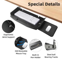 TOOCUST Solid Steel Under Desk Keyboard Tray with 360° Rotating Mouse Platform,Keyboard Shelf Sliding,Under Desk Mounted Keyboard Holder Slide Out,Under Desk 28"Lx10"W image 3