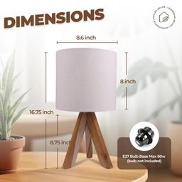 Modern Teak Tripod Table Lamp with Wooden Base and White Fabric Shade, Bedside Desk Light for Living Room I Bedside Lamp for Night/Study Lamp I Size 16.75 in x 8.6 in image 4