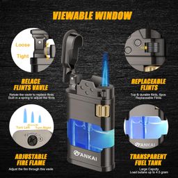 FANKAI Torch Lighter with LED Light, Single Jet Flame, ABS Fuel Tank, Retro Grinding Wheel, Windproof, Replaceable, Zinc Alloy, Brass, ABS, Gray image 2
