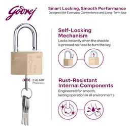 godrej locking solutions and systems Godrej Locks | Sherlock Pro (60mm) Padlock | with 4 Keys | Premium Solid Brass Lock | Self-Locking Shackle | Double Locking | Rust-Resistant | Suitable for Doors, Outdoor Usage | 5 Years Warranty image 4