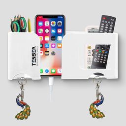 tensea Tensea® 5 in 1 Plastic Wall Mount Mobile Holder with Remote Control Storage Racks, Key Hanger, Pen Holder Space/Self-Adhesive/Multi Purpose Accessories (White) image 1