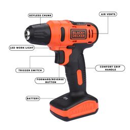 BLACK+DECKER LD12SP 12V 10mm Li-ion Cordless Variable Speed Reversible Drill Machine Driver with 10 Screwdriver & 2 Drill Machine Bits for Home & DIY Use, 1 Year Warranty, ORANGE & BLACK image 3