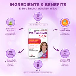 Wellwoman 50+ multivitamins for women over age 50 years with Vitamins,Iron,calcium,amino acids to support menopausal symptoms,maintain energy,Vision & Heart health| Vegetarian 30 Tablets, 20 grams image 2