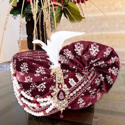 fashion weds Men Cotton Blend Printed Groom's Safa Shawl Stole Set, Wedding Safa/Turban with Stole, Dulha Groom Pagdi Dupatta (Maroon) image 2