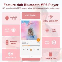 fanvace 144GB MP3 Player with Bluetooth WiFi, Android 13 OS MP3 MP4 Player with 4" Touchscreen and Speaker, MP3 Music Players with Spotify, Audible, Amazon Music, Play Store (Pink) image 3
