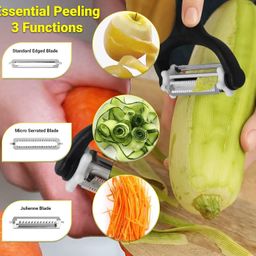bagonia Bagonias 3-in-1 Multi-Functional Peeler – Stainless Steel Straight, Serrated, and Julienne Blades for Potatoes, Carrots, Vegetables, Fruits, and Salads (Black/Gray, Pack of 1) image 5