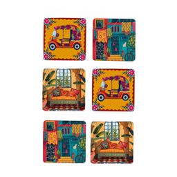 TAJNAN Indian Art Printed Coaster Set of 6 Beautiful Wooden Coasters with Plastic Coating Proper Coaster Stand Designer Coaster (taj-Coaster-auto-h) image 1