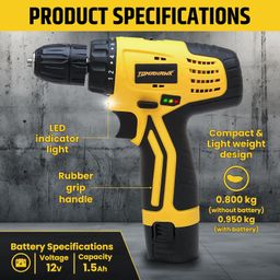 tomahawk T7385 12V Cordless Screwdriver and Drill Set - 25pcs, Two-Speed, Compact and Powerful - 1350 RPM - Reversible switch Multi-Torque Clutch, 10mm Keyless Chuck - 2x1.5Ah Battery image 2