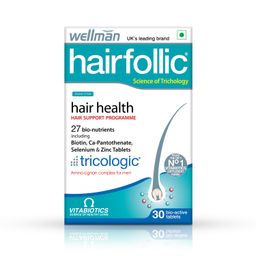 Wellman Hairfollic Hair supplements for Men with zinc, selenium, lignans that supports hair growth, provide strength to hair roots | vegetarian 30 tablets image 1