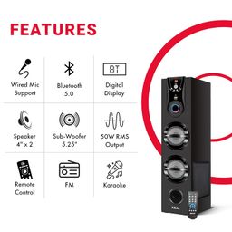 AKAI HA-TS50 Bluetooth Tower Speaker 50 Watts, Home Theater Music System, Deep Bass Subwoofer, Remote Control LED Display, FM, AUX, USB, Mic Input, Karaoke, TV, PC & Smartphone Compatible image 2