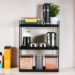 Kuber Industries Multipurpose 3-Tier Metal Racks for Kitchen Storage | Modern & Space-Saving Design | Versatile Spice Rack Organizer for Pantry, Oil Stand & Countertop Use | Black image 1
