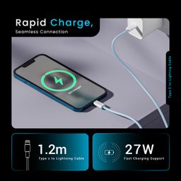 HAMMER 27W Type-C to Lightning 8 Pin Nylon Braided Cable, 27W Fast Charging, 480Mbps High Speed Data Transfer & Durable Tangle Free Design, Compatible with iPhone, iPad, iMac, AirPods, 1.2M (Blue) image 2