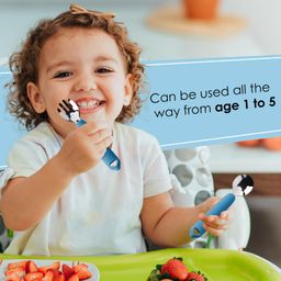 Cubkins Steel Spoon & Fork Set for Babies with Soft Silicone Handle | Non Toxic, Food Safe and BPA Free | Washable and Reusable (Blue Olive) image 5