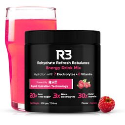 Drink R3 Energy Drink Mix | Electrolyte Powder with 7 Essential Electrolytes ( Na, K, Mg, Cl, Zn, Ca) + Vitamin B Complex (B3, B5, B6, B12) + Vitamin C + Vitamin D | For Hydration & Sustained Energy | Raspberry Flavour | 200 grams image 1