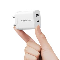 Ambrane 30W Dual Port GaN Charger, USB & Type C Fast Charging Adapter For iPhone 16/15/14/13/12/11 (Pro,Pro Max,Plus), iPad, Google Pixel, Samsung & All Type C devices BIS Certified (Charge 30, White) image 1