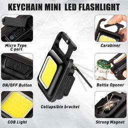 treela 6 Pack COB Small Flashlights Bright Rechargeable Keychain Mini Flashlight 500 Lumens Pocket Flashlight with Folding Bracket Bottle Opener and Magnet Base 4 Light Modes Magnetic Work Light for Walking image 2