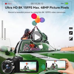 muraux Video Camera, 8K Camcorder 48MP 15FPS UHD WiFi IR Night Vision Handheld Vlogging Camera for YouTube 3" Touch Screen 18X Digital Zoom Recorder with Mic, Stabilizer, Lens Hood, Remote and 2 Batteries image 2