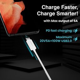 HAMMER 1.5 Meter Type C to Type C 5A (100W) PD Fast Charging Cable with EMK Chip, Rapid Data Transfer, Anti-Breakage Wire, Compatible with all C-Type Enabled Devices (White) image 4