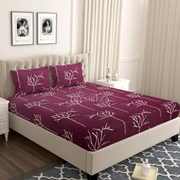 decoreza 280 TC Cotton Feel All Around Elastic Fitted Bedsheets,Elastic Fitted Bedsheets Queen Size,Bedsheet for Double Bed Elastic Fitted with 2 Pillow Covers,Size - 60 x 78 x 8 Inch,Maroon Tree image 5