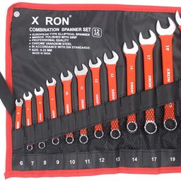 x ron Combination Spanner Wrench Set, Combination Spanner Set 6mm To 22 mm,12-Piece,Chrome Vanadium Steel, with Rolling Pouch,Red Color (With Bag) image 1