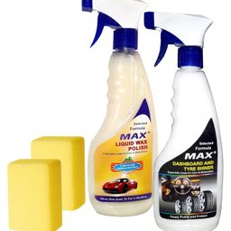MAX Essential Car Care Kit (Pack of 4 Pieces) - Conatins 500 ML Each of Dashboard/Tyre Shiner and Liquid Wax Polish and 2 Foam Applicators for Polishing and Waxing Your Cars image 1