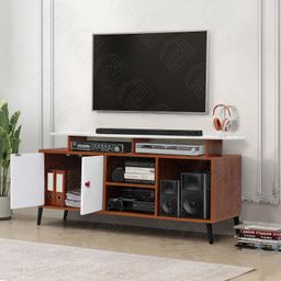 ABOUT SPACE TV Unit - Engineered Wood DIY TV Stand with Cable Hole Cabinet with Door, Adjustable Shelf, Open Display Shelves for WiFi Router Stand (Oak Red &White-L140 x B40 x H64 cm) image 3