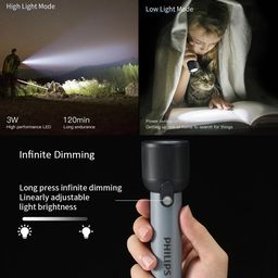 PHILIPS Handheld Torch Light, 2000mAh Rechargeable Torch Light with 2 Modes,400LM & IP44 Waterproof, Portable Flash Light for Home, Camping, Hiking, Emergency（Gray） image 3