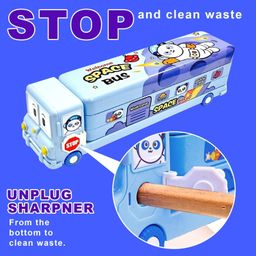PRIME DEALS Bus Shape Pencil Box School Bus Metal Geometry Box for Kids Magic Bus with Moving Tyres with 3 Compartments Moving Tyre's & Sharpener Geometry Case for Boys & Girls. image 4