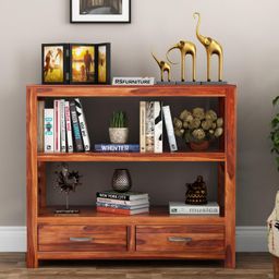 RSFURNITURE Solid Sheesham Wood Console Table for Living Room | Wooden Foyer Tables for Entryway with 2 Drawers & 2 Open Shelf Storage for Home & Office | Honey Brown Finish image 3