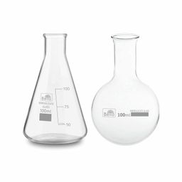 bello naturals feel better everyday Bello Borosilicate Glass 3.3 Round Bottom Boiling Flask 100 ml & Conical Flask 100 ml of 2 for school collage chemistry lab laboratory image 1