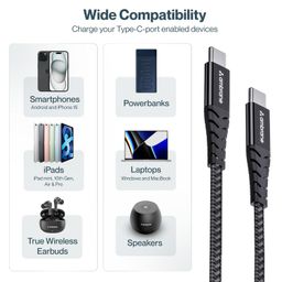 Ambrane Unbreakable 60W Fast Charging 1.5M Braided Type C to Type C Cable for Smartphones, Tablets, Laptops & Other Type C Devices, PD Technology, 480Mbps Data Sync (RCTT15, Black) image 4