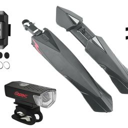 ABC AMOL BICYCLE COMPONENTS Bicycle Front & Rear Double Colour Mudguard with Iron Fitting + Cycle Waterproof USB Rechargeable Front Rear and Helmet Light (Black) image 1