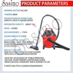 Sasimo Wet & Dry Vacuum Cleaner, 800 Watts, 17 Kpa Suction Power, 15 Litres Tank Capacity, For Home Use, 220V Vacuum Cleaner For Home Use (Red, Hepa Filter, 1 Count) image 2