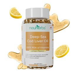 Neuherbs Deep Sea Omega 3 Cod Liver Oil- 100 Softgels for Men & Women | Omega 3 Supplement 600 Mg, 100% RDA of Vitamins A, D3 & E for Heart, Brain, Bone & Skin Health | No Fishy Burps with Lemon Flavour image 1